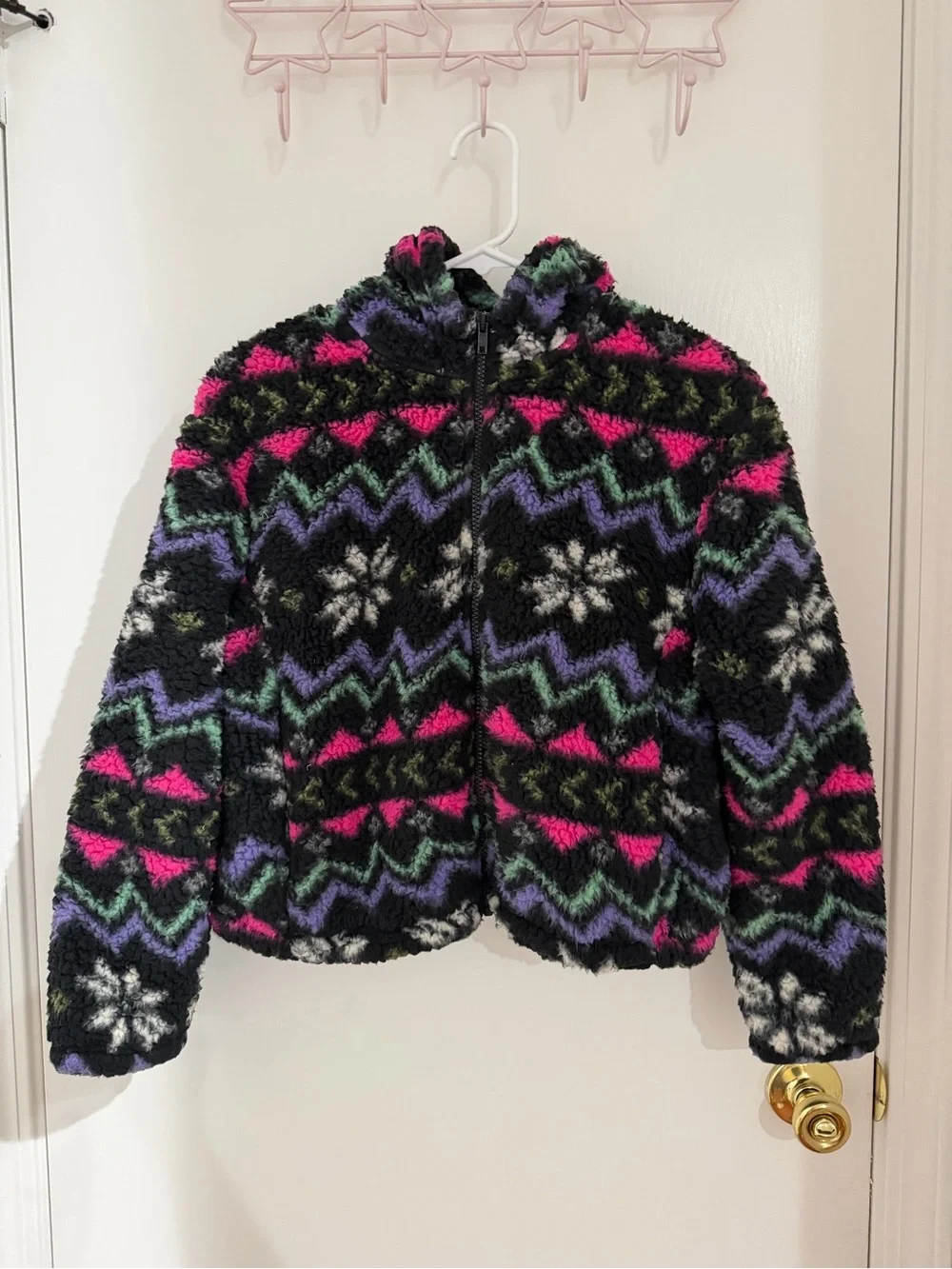 Xersion Black Sherpa Puffer Jacket with Pink, Purple & Green Pattern